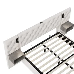 Fortuna lai Lit Coffre Adulte 140x200 Cm Avec Tête De Lit, Liseuse, Port USB, 2 Tables De Chevet, Velours, Blanc Sale