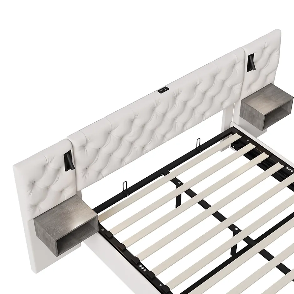 Fortuna lai Lit Coffre Adulte 140x200 Cm Avec Tête De Lit, Liseuse, Port USB, 2 Tables De Chevet, Velours, Blanc Sale