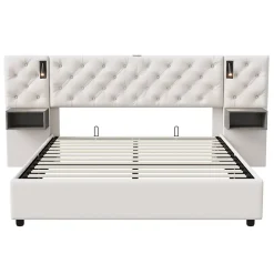 Fortuna lai Lit Coffre Adulte 140x200 Cm Avec Tête De Lit, Liseuse, Port USB, 2 Tables De Chevet, Velours, Blanc Sale
