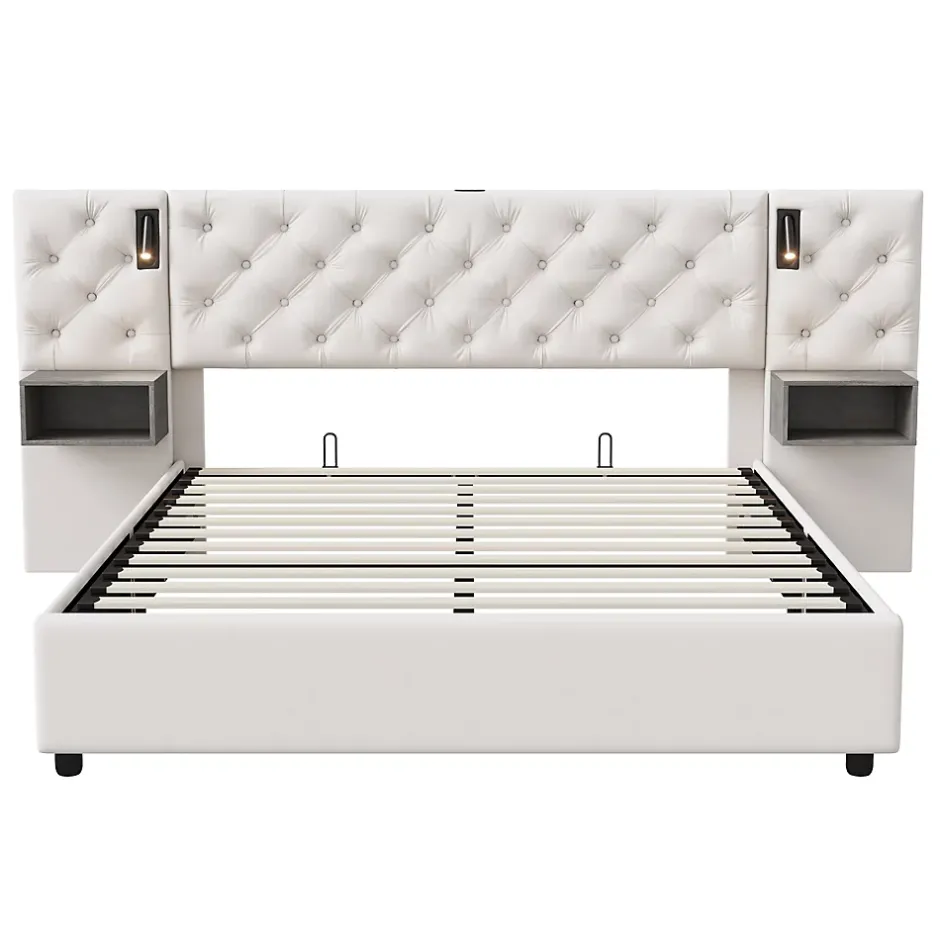 Fortuna lai Lit Coffre Adulte 140x200 Cm Avec Tête De Lit, Liseuse, Port USB, 2 Tables De Chevet, Velours, Blanc Sale