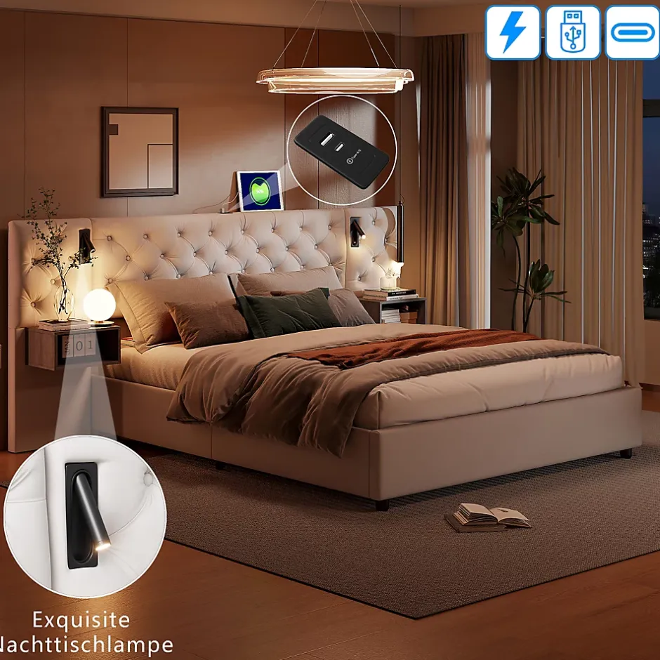 Fortuna lai Lit Coffre Adulte 140x200 Cm Avec Tête De Lit, Liseuse, Port USB, 2 Tables De Chevet, Velours, Blanc Sale