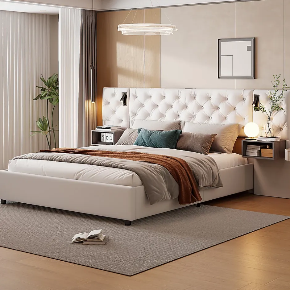 Fortuna lai Lit Coffre Adulte 140x200 Cm Avec Tête De Lit, Liseuse, Port USB, 2 Tables De Chevet, Velours, Blanc Sale