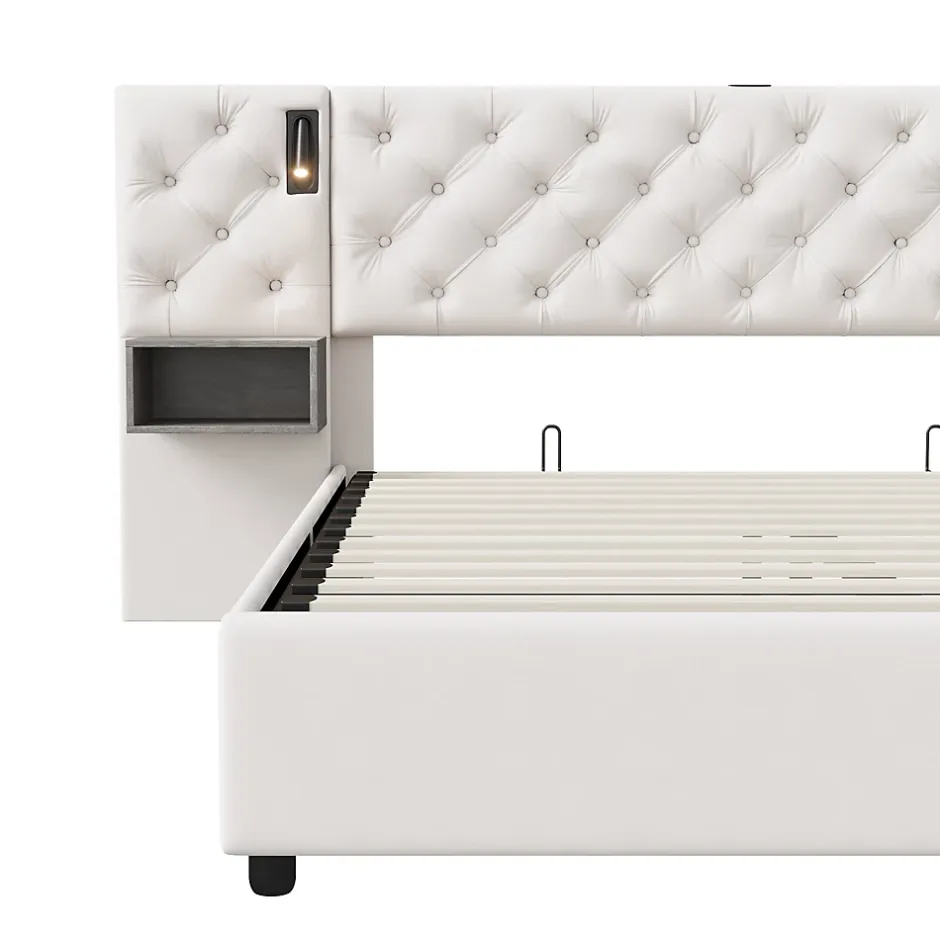 Fortuna lai Lit Coffre Adulte 140x200 Cm Avec Tête De Lit, Liseuse, Port USB, 2 Tables De Chevet, Velours, Blanc Sale