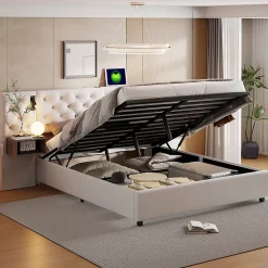 Fortuna lai Lit Coffre Adulte 140x200 Cm Avec Tête De Lit, Liseuse, Port USB, 2 Tables De Chevet, Velours, Blanc Sale