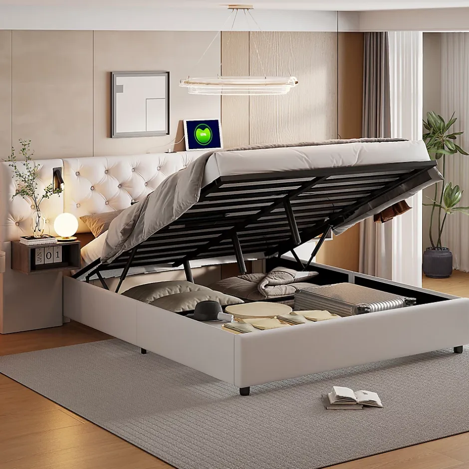 Fortuna lai Lit Coffre Adulte 140x200 Cm Avec Tête De Lit, Liseuse, Port USB, 2 Tables De Chevet, Velours, Blanc Sale