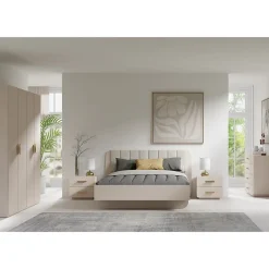 Meublorama Lit coffre AMALIE 180x200 cm Tete tapissée tissu beige Sommier inclus Matelas non inclus