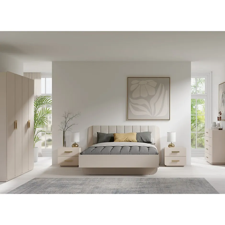 Meublorama Lit coffre AMALIE 180x200 cm Tete tapissée tissu beige Sommier inclus Matelas non inclus