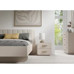 Meublorama Lit coffre AMALIE 160x200 cm Tete tapissée tissu beige Sommier inclus Matelas non inclus