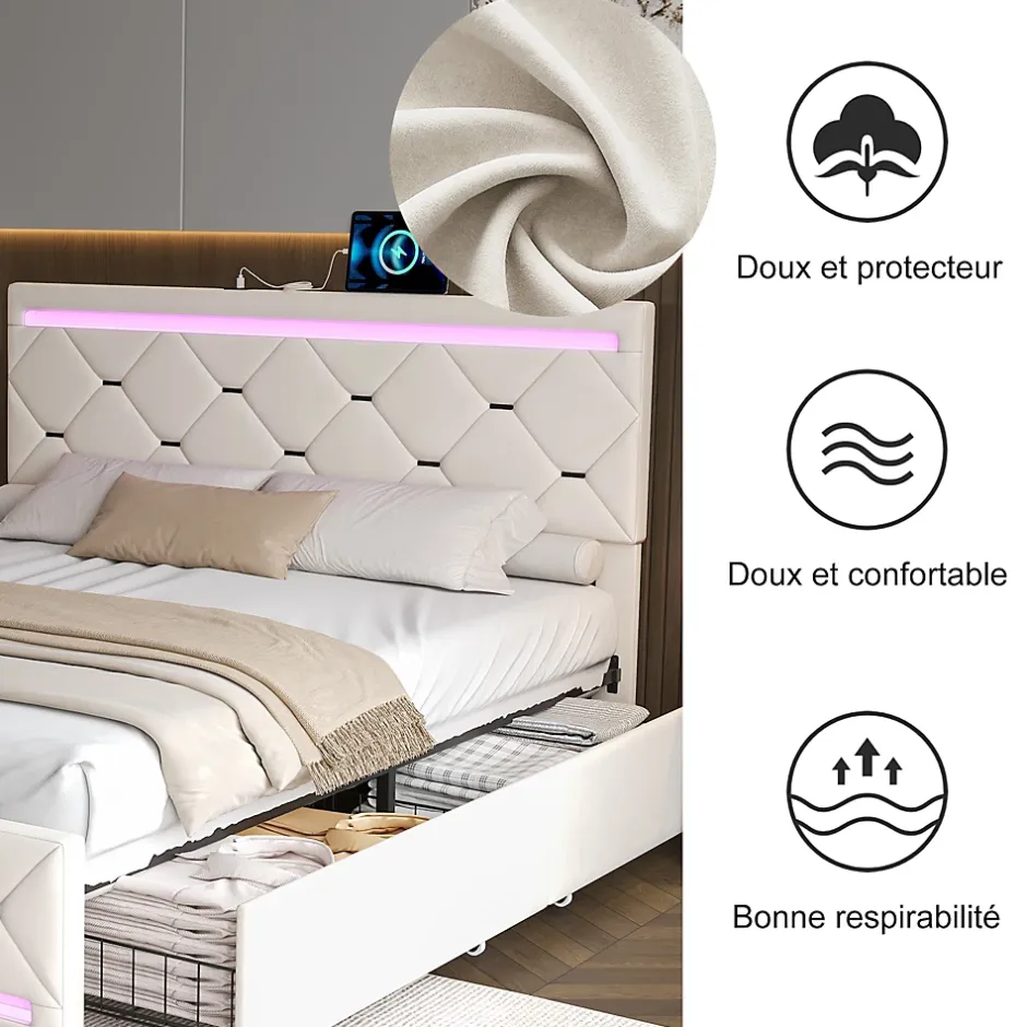 ProximaX Lit coffre avec 4 tiroirs, LED multicolores et port USB, 140x190 cm, Velours blanc cassé design moderne Best