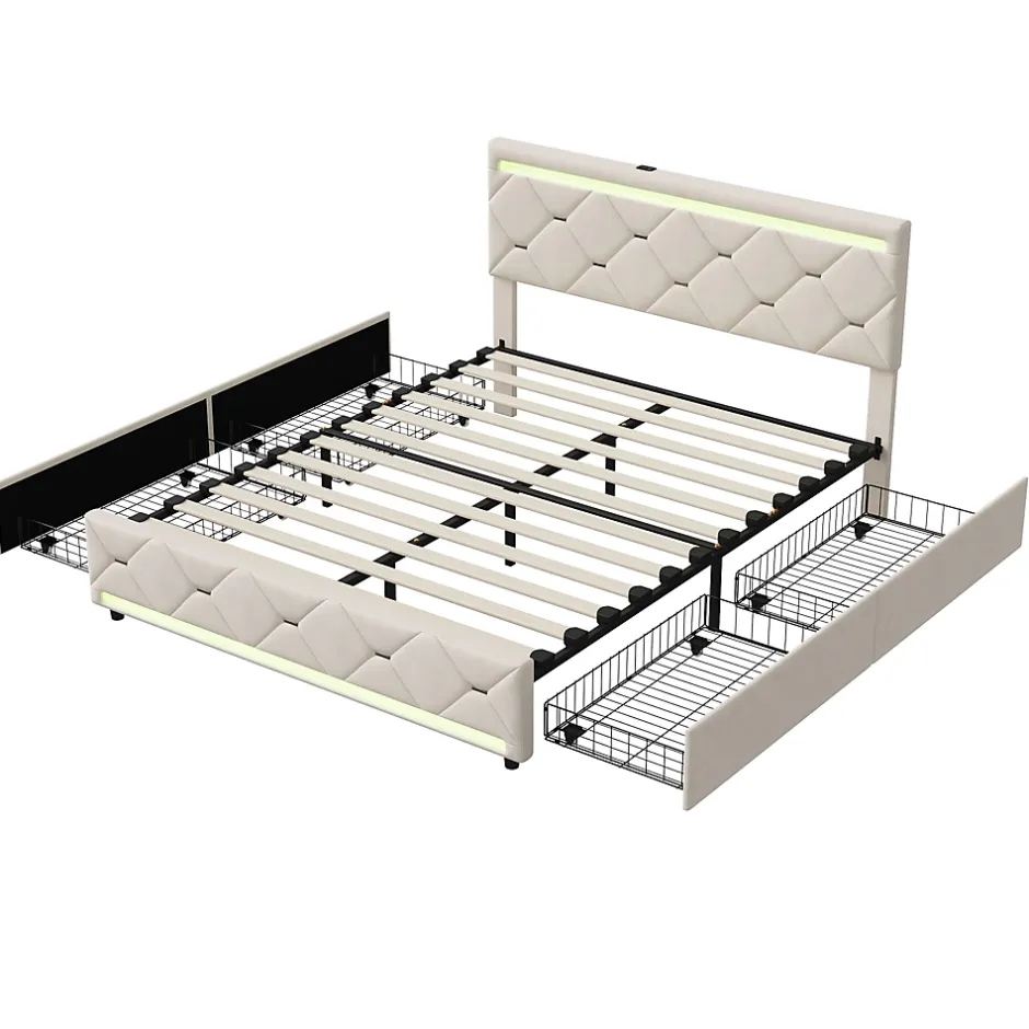 ProximaX Lit coffre avec 4 tiroirs, LED multicolores et port USB, 140x190 cm, Velours blanc cassé design moderne Best