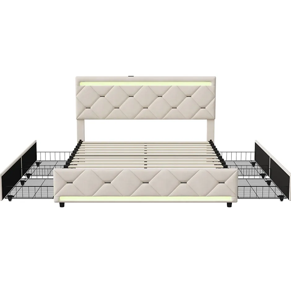 ProximaX Lit coffre avec 4 tiroirs, LED multicolores et port USB, 140x190 cm, Velours blanc cassé design moderne Best