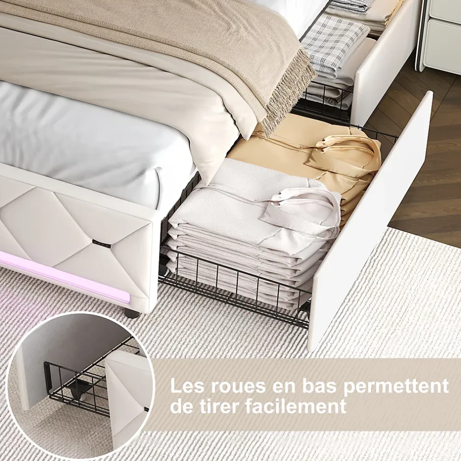 ProximaX Lit coffre avec 4 tiroirs, LED multicolores et port USB, 140x190 cm, Velours blanc cassé design moderne Best