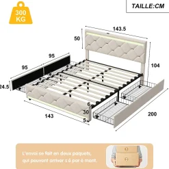 ProximaX Lit coffre avec 4 tiroirs, LED multicolores et port USB, 140x190 cm, Velours blanc cassé design moderne Best