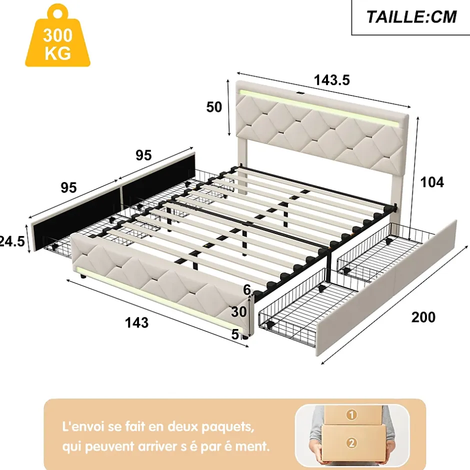 ProximaX Lit coffre avec 4 tiroirs, LED multicolores et port USB, 140x190 cm, Velours blanc cassé design moderne Best