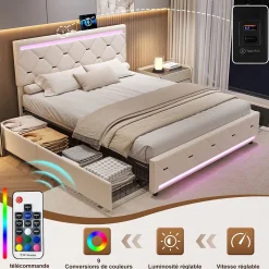 ProximaX Lit coffre avec 4 tiroirs, LED multicolores et port USB, 140x190 cm, Velours blanc cassé design moderne Best