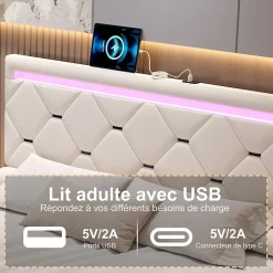 ProximaX Lit coffre avec 4 tiroirs, LED multicolores et port USB, 140x190 cm, Velours blanc cassé design moderne Best