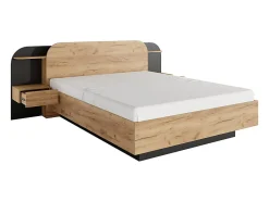 Vente-unique Lit coffre avec chevets 160 x 200 cm - Avec LEDs - Coloris : Naturel et noir + Matelas - JUVISIA