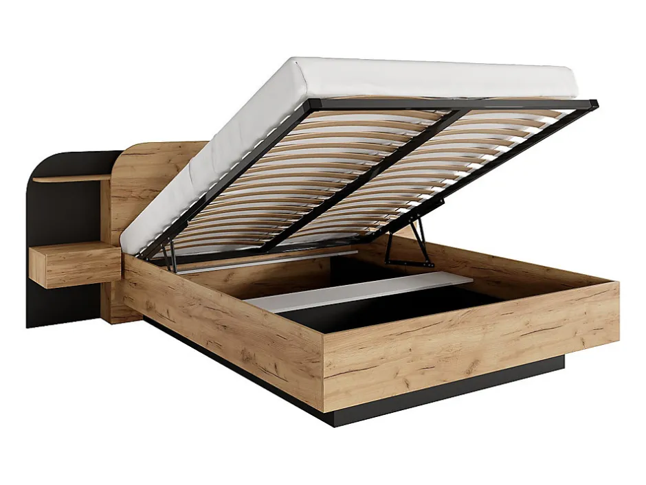 Vente-unique Lit coffre avec chevets 160 x 200 cm - Avec LEDs - Coloris : Naturel et noir + Matelas - JUVISIA