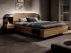 Vente-unique Lit coffre avec chevets 160 x 200 cm - Avec LEDs - Coloris : Naturel et noir - JUVISIA Discount