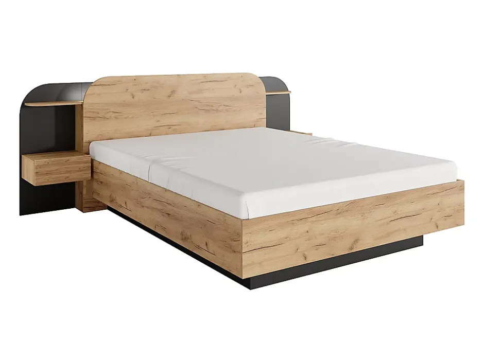 Vente-unique Lit coffre avec chevets 160 x 200 cm - Avec LEDs - Coloris : Naturel et noir - JUVISIA Discount