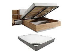 Vente-unique Lit coffre avec chevets 160 x 200 cm - Avec LEDs - Coloris : Naturel et blanc + Matelas - ELYNIA