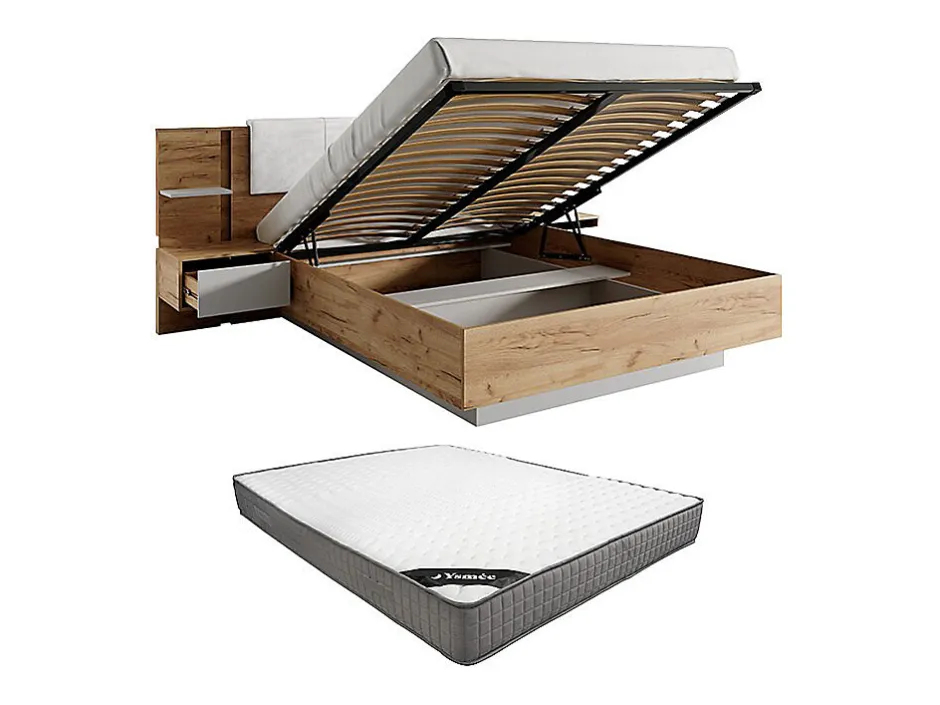 Vente-unique Lit coffre avec chevets 160 x 200 cm - Avec LEDs - Coloris : Naturel et blanc + Matelas - ELYNIA