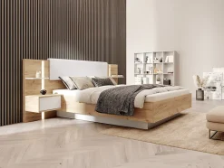 Vente-unique Lit coffre avec chevets 160 x 200 cm - Avec LEDs - Coloris : Naturel et blanc + Matelas - ELYNIA
