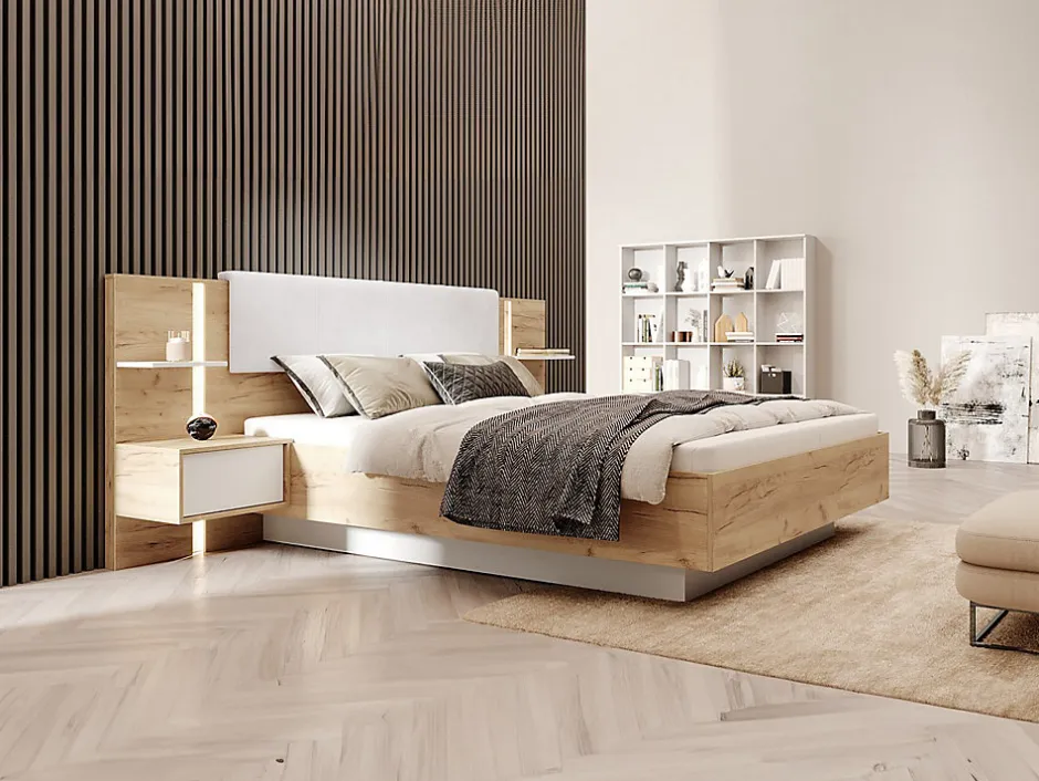 Vente-unique Lit coffre avec chevets 160 x 200 cm - Avec LEDs - Coloris : Naturel et blanc + Matelas - ELYNIA