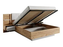 Vente-unique Lit coffre avec chevets 160 x 200 cm - Avec LEDs - Coloris : Naturel et blanc + Matelas - ELYNIA