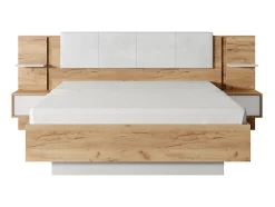 Vente-unique Lit coffre avec chevets 160 x 200 cm - Avec LEDs - Coloris : Naturel et blanc + Matelas - ELYNIA