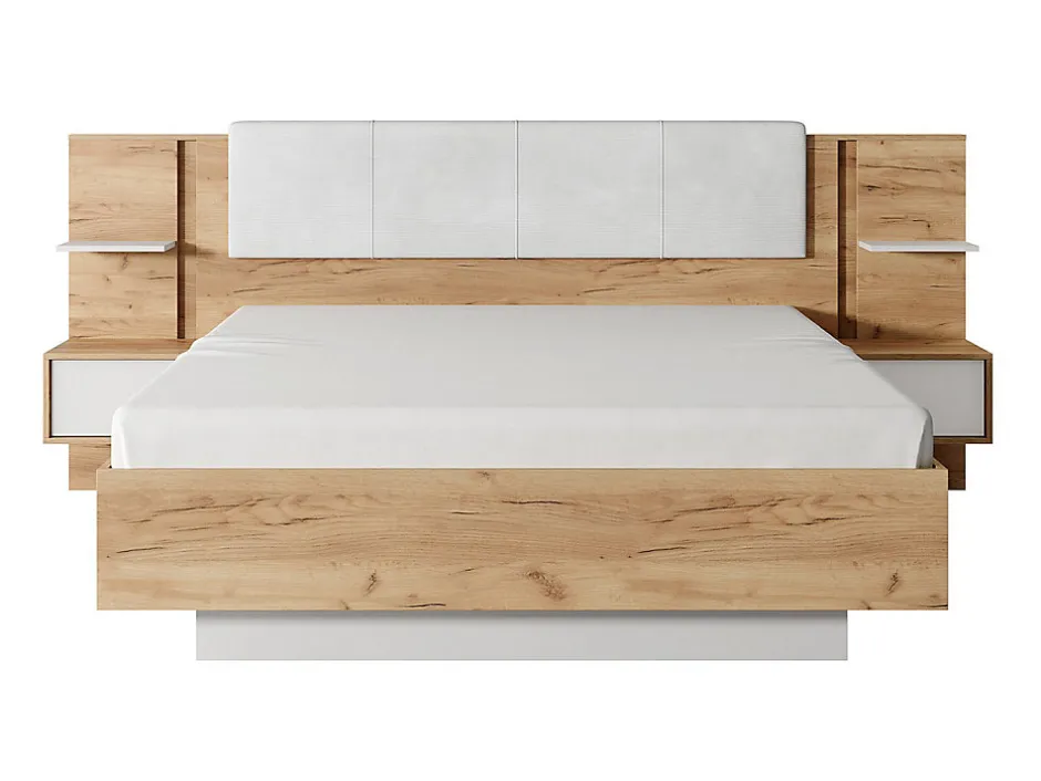Vente-unique Lit coffre avec chevets 160 x 200 cm - Avec LEDs - Coloris : Naturel et blanc + Matelas - ELYNIA