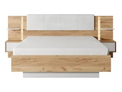 Vente-unique Lit coffre avec chevets 160 x 200 cm - Avec LEDs - Coloris : Naturel et blanc + Matelas - ELYNIA