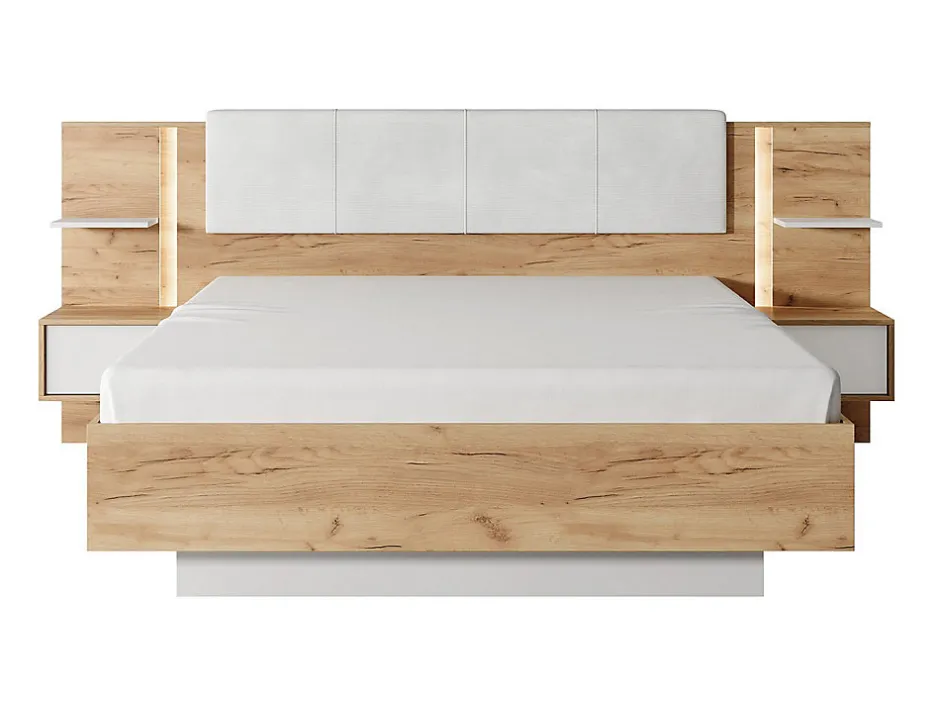Vente-unique Lit coffre avec chevets 160 x 200 cm - Avec LEDs - Coloris : Naturel et blanc + Matelas - ELYNIA