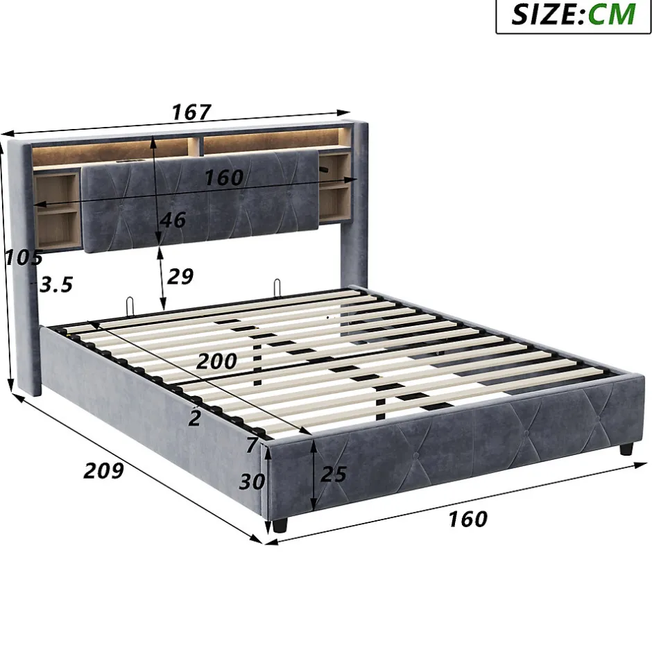 Simple Life Lit Coffre Avec LED Et USB, Lit Tapissé 160x200, Tissu Velours, Sommier à Lattes En Bois Massif,gris