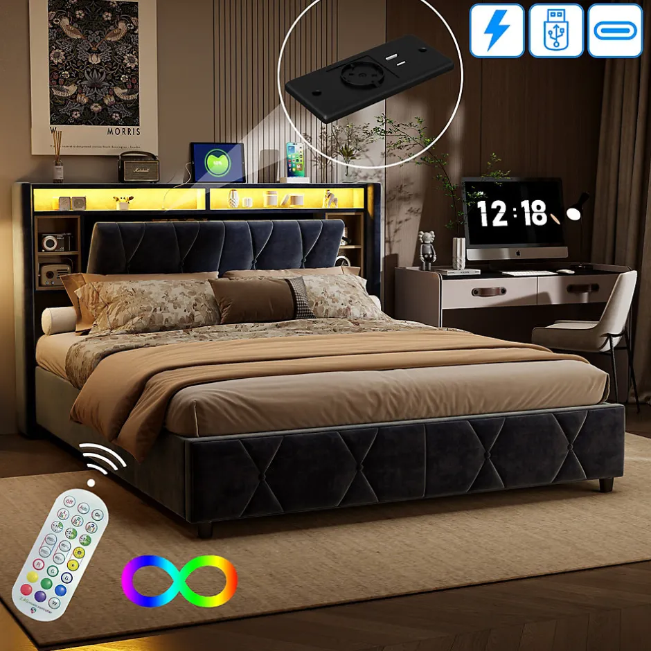 Simple Life Lit Coffre Avec LED Et USB, Lit Tapissé 160x200, Tissu Velours, Sommier à Lattes En Bois Massif,gris