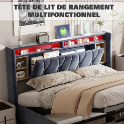 Simple Life Lit Coffre Avec LED Et USB, Lit Tapissé 160x200, Tissu Velours, Sommier à Lattes En Bois Massif,gris