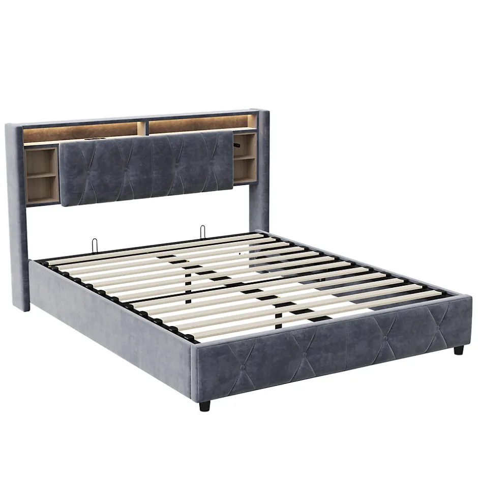 Simple Life Lit Coffre Avec LED Et USB, Lit Tapissé 160x200, Tissu Velours, Sommier à Lattes En Bois Massif,gris
