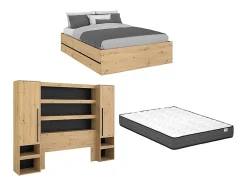 Vente-unique Lit coffre avec pont 140 x 190 cm - Coloris : Naturel et noir + Matelas - LUDARO Online