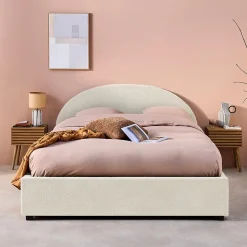Sweeek Lit coffre avec sommier à lattes et tête de lit. finition bouclette. blanc. L216.5 x P174 x H102cm