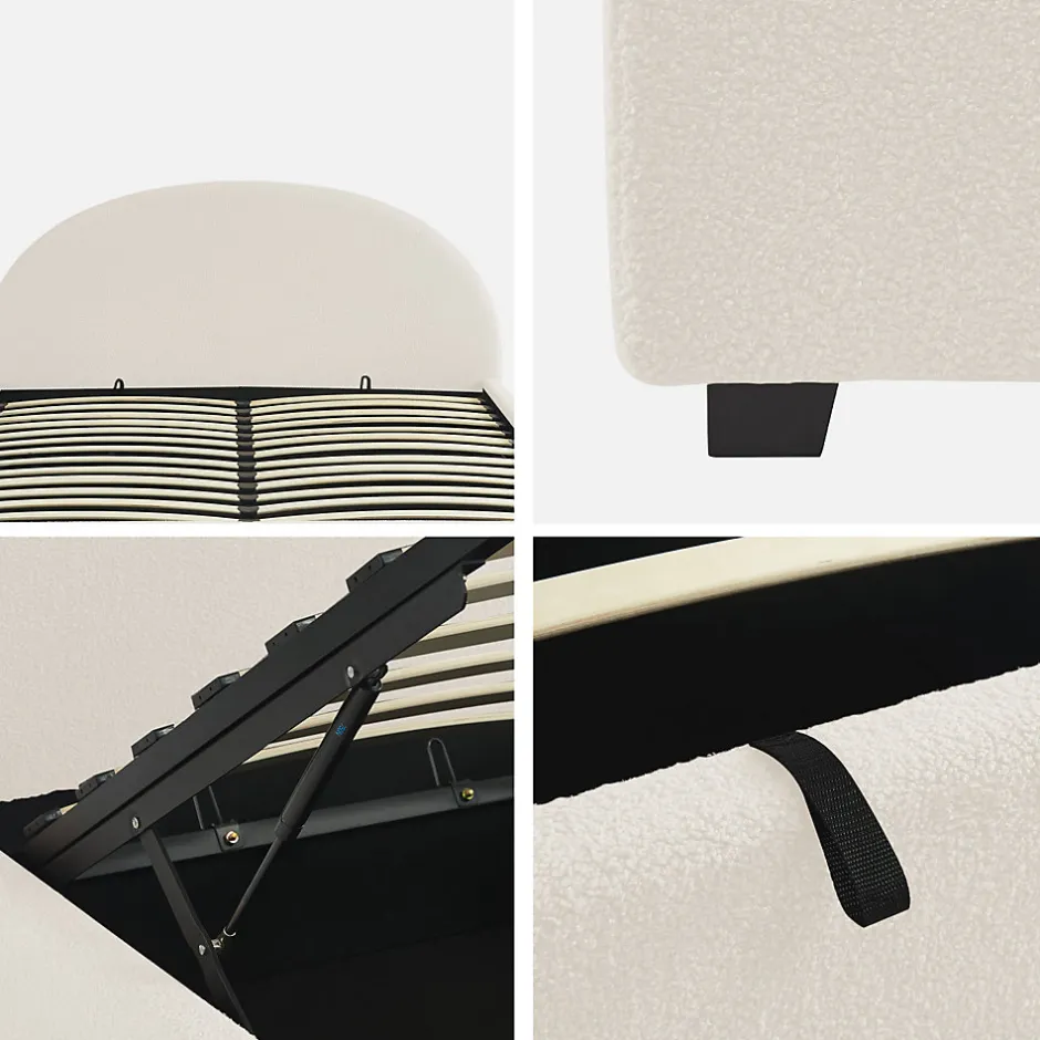 Sweeek Lit coffre avec sommier à lattes et tête de lit. finition bouclette. blanc. L216.5 x P174 x H102cm