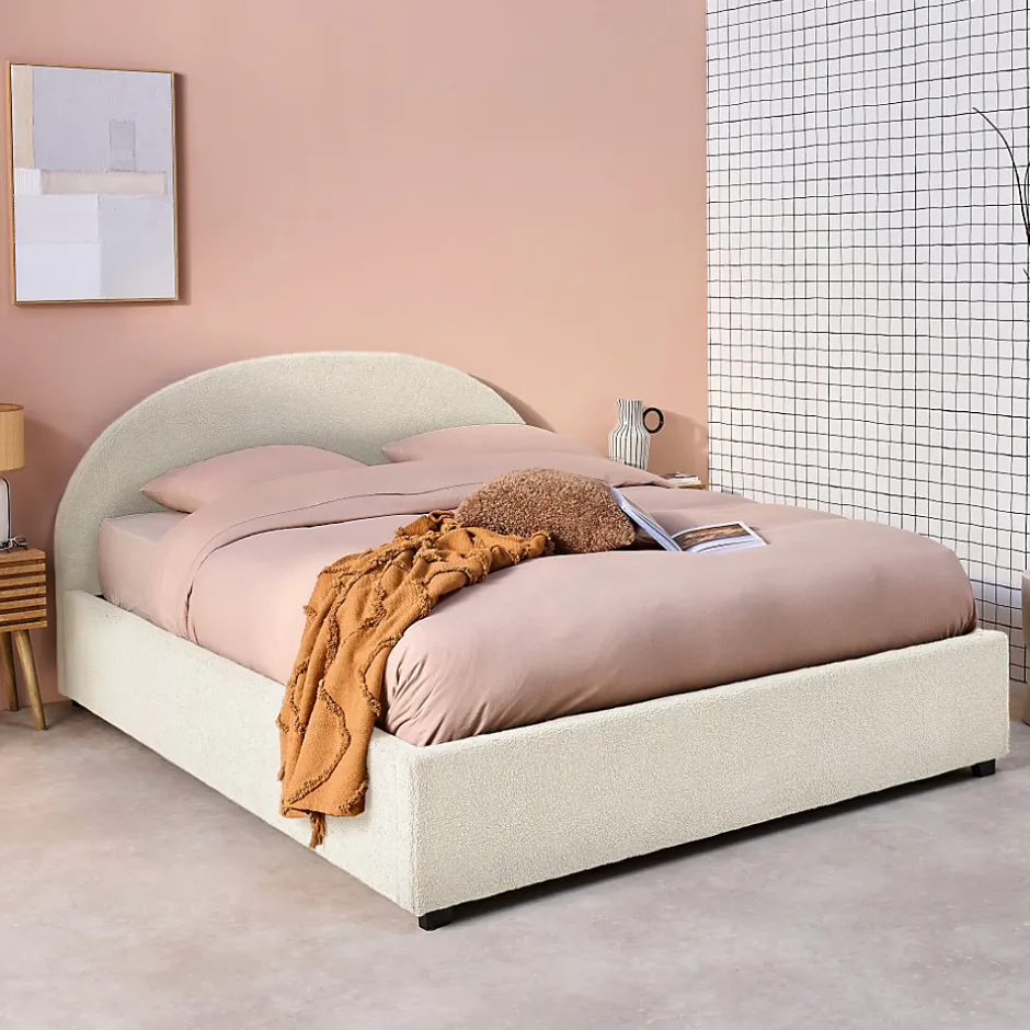 Sweeek Lit coffre avec sommier à lattes et tête de lit. finition bouclette. blanc. L216.5 x P174 x H102cm