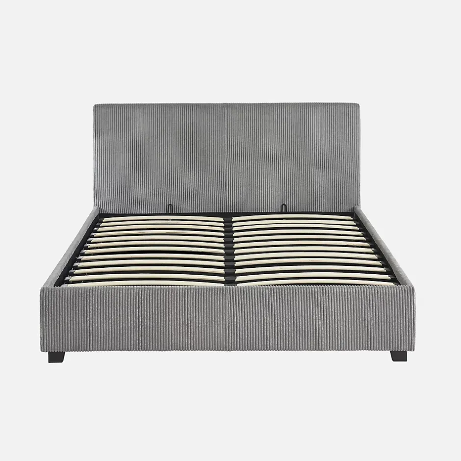 Sweeek Lit coffre avec sommier à lattes et tête de lit. finition velours côtelé gris. L 202 x P 148 x H 86cm Hot