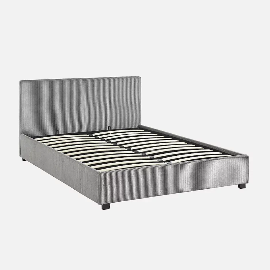 Sweeek Lit coffre avec sommier à lattes et tête de lit. finition velours côtelé gris. L 202 x P 148 x H 86cm Hot