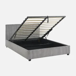 Sweeek Lit coffre avec sommier à lattes et tête de lit. finition velours côtelé gris. L 202 x P 148 x H 86cm Hot