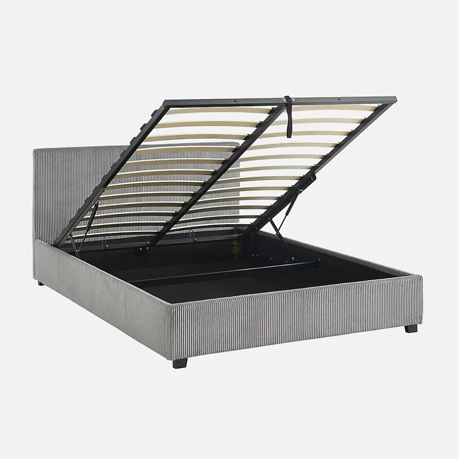 Sweeek Lit coffre avec sommier à lattes et tête de lit. finition velours côtelé gris. L 202 x P 148 x H 86cm Hot