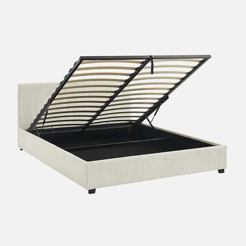 Sweeek Lit coffre avec sommier à lattes et tête de lit. finition velours côtelé blanc. L 211 x P 168 x H 86cm