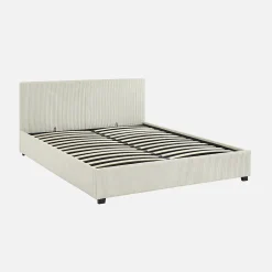 Sweeek Lit coffre avec sommier à lattes et tête de lit. finition velours côtelé blanc. L 211 x P 168 x H 86cm