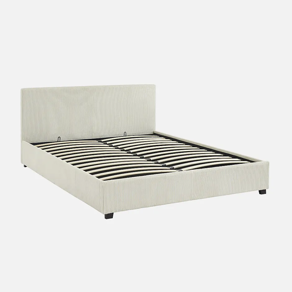 Sweeek Lit coffre avec sommier à lattes et tête de lit. finition velours côtelé blanc. L 211 x P 168 x H 86cm