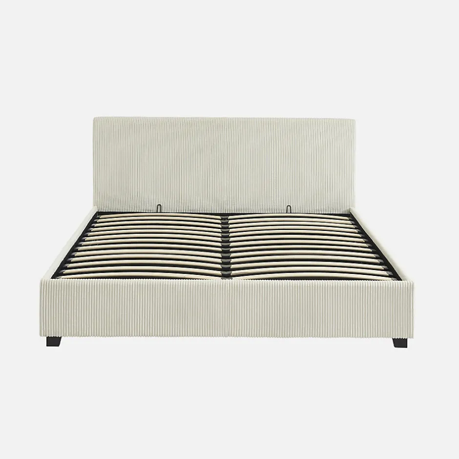 Sweeek Lit coffre avec sommier à lattes et tête de lit. finition velours côtelé blanc. L 211 x P 168 x H 86cm