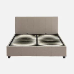 Sweeek Lit coffre avec sommier à lattes et tête de lit. finition tissu beige. L 202 x P 148 x H 86cm Clearance